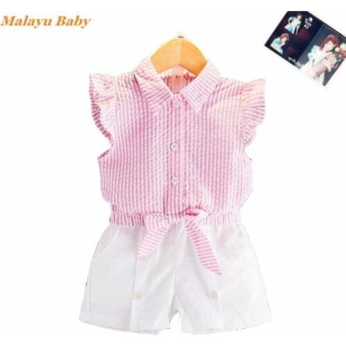 Malayu Baby Girl Clothes Suit Summer Sweet Child Sleeveless Striped Short Shirt + White Shorts 2 Pcs Casual Kids Clothing 2-6 Y