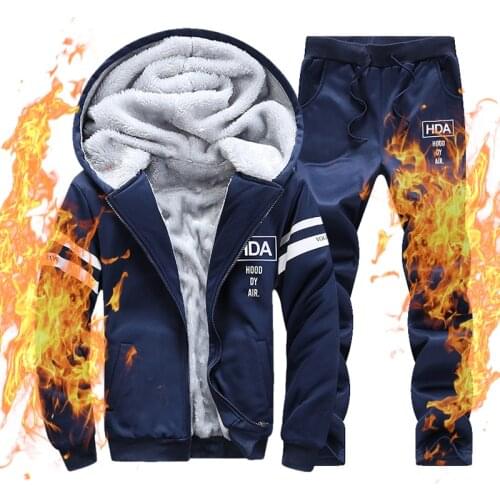 Men 2 Pcs Set Thick Fleece Lined Hoodie and Sweatpant Sets Male Casual Tracksuit Winter Zipper Windbreak Warm Outwear Brand