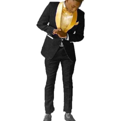 Brand New Groomsmen Black Pattern Groom Tuxedos Shawl Gold Lapel Men Suits 2 Pieces Wedding Bridegroom ( Jacket+Pants+Tie ) D120