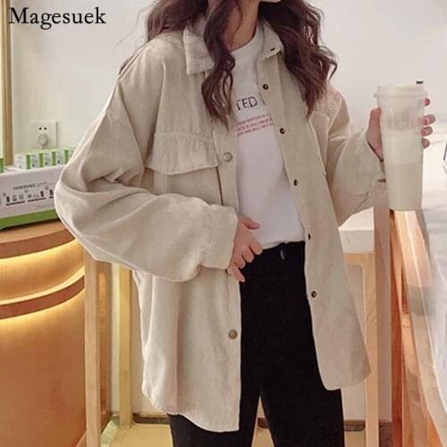 Turn Down Collar Long Sleeve Single Breasted Pocket Korean Style Blusa Blouse Solid Shirt Fashion Woman Corduroy Jacket 11382