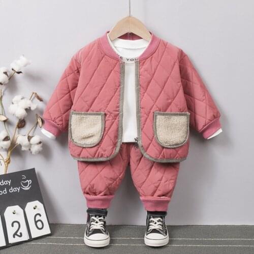 Autumn winter plus thick jacket trouser 2-piece suit childrens clothing baby boy casual warm suit baby girl cotton clothes suit