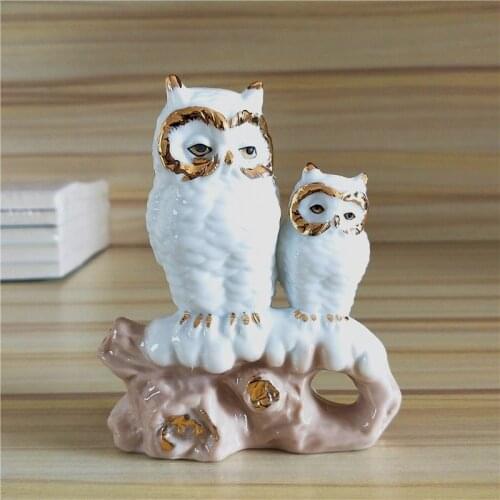 Gilt Porcelain Mother Owl Figurine Handmade Ceramics Owl Kid Miniature Mascot Decor Gift for Mom Craft Ornament Accessories
