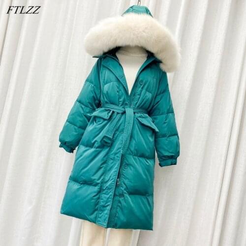 FTLZZ Winter Large Natural Fur Collar Hooded Down Long Jacket Thickness Warm Outwear with Belt Women 90% White Duck Down Coat
