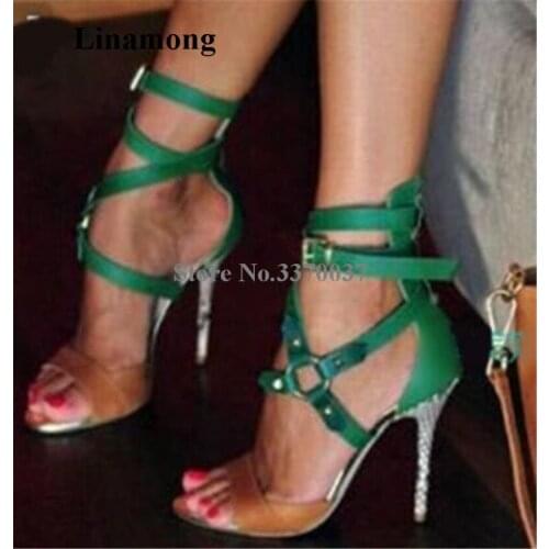 Summer New Fashion Women Open Toe Green Straps Stiletto Heel Gladiator Sandals Patchwork Buckles High Heel Sandals Dress Shoes