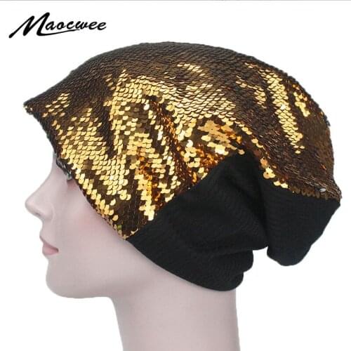 Women Autumn Winter Beanies Knitted Paillette Bling Cap Hat Hip-Hop Sequin Cap Soft Warm Slouch Hat Unisex Casual Glossy Bones