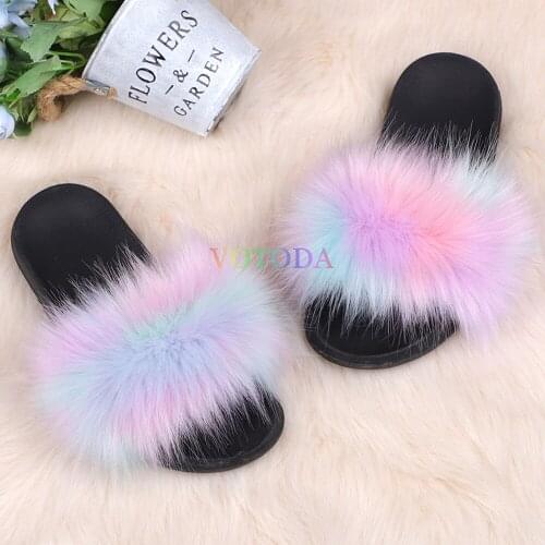 New Rainbow Faux Fur Slippers Fashion Women Fur Slides Fake Fur Flip Flop Outdoor Flat Sandal High Quality Non-Slip Female Shoes