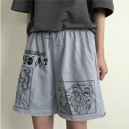 Summer pants streetwear cartoon Comic black shorts letters print high waist shorts Casual loose elastic waist Straight shorts