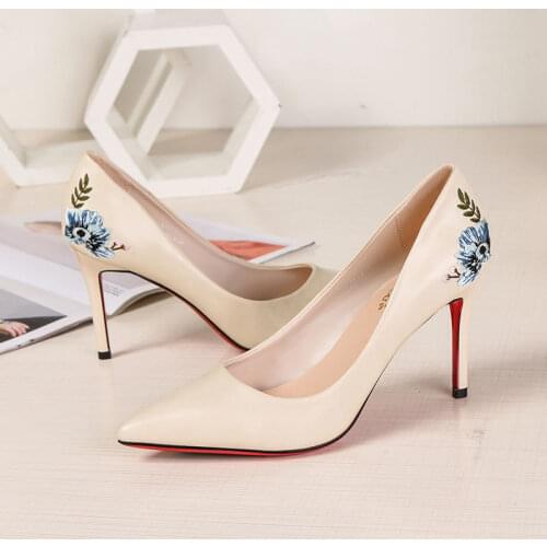 Women Fashion Black Pointed Floral Printed Pumps Elegant Party High Heel Shoes Sexy Beige Heels Zapatos Dama