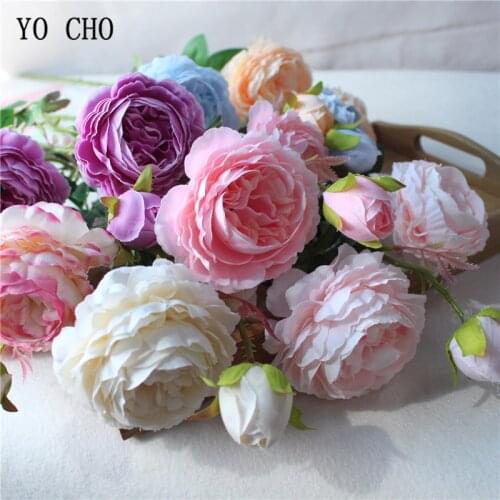 YO CHO Fake Rose Bouquet Flower Artificial Silk 3 Heads Peony DIY Bride Bouquet Flower Arrangement Pink Home Party Wedding Decor