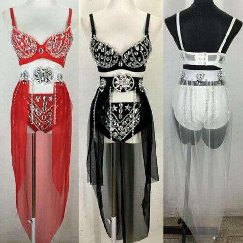 Rhinestone Bikini Skirt Women DJ Costume Nightclub Gogo Pole Dance Clothing Three Pieces Set Singer Stage Dress Outfits VDB2427