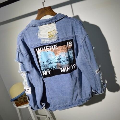 Plus Size Where Is My Mind Korea Kpop Frayed Letter Patch Bomber Jeans Jacket Women Ripped Denim Coat Female Streetwear Harajuku