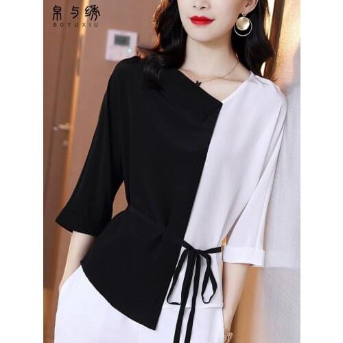 Silk shirt women summer black white Crepe mulberry silk Tops blouse