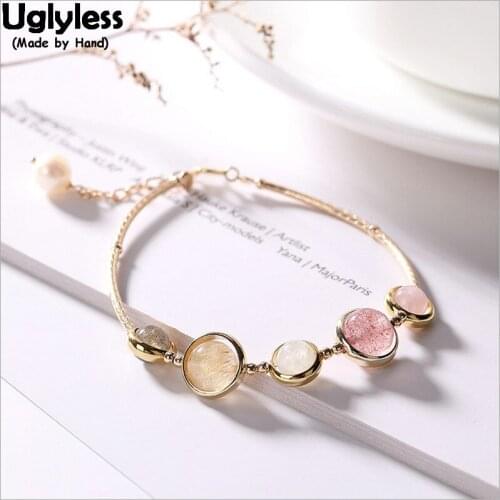 Uglyless 100% Real 925 Sterling Silver Handmade Beading Bracelets for Women Strawberry Quartz Ball Spinning Bangle Beads Jewelry