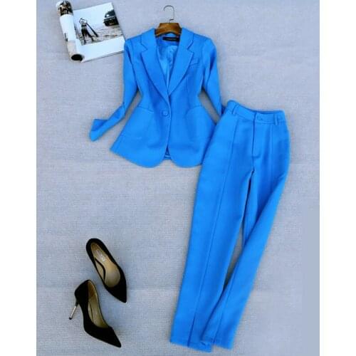 Elegant Business Casual Office Lady Suit Sets Women Long Sleeve Suit Blazer and Suit Pants Blue Color One Set