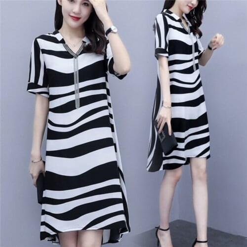 4XL Plus Size Women Elegant Korean Shirt Dress Summer 2021 Short Sleeve striped Loose Casual Ladies A-Line Dresses