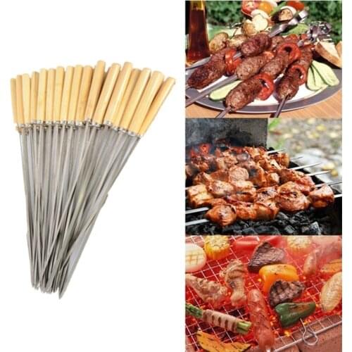 5pcs BBQ Tools Stainless Steel Skewers Barbecue Roasting Needle Skewer Wooden Handle Roasting Fork