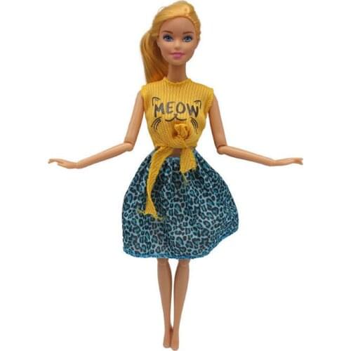 1/6 BJD Accessories Funky Yellow Cat Print Shirt Blue Leopard Skirts For Barbie Doll Clothes Outfits Party Gown Kids Toys Gifts