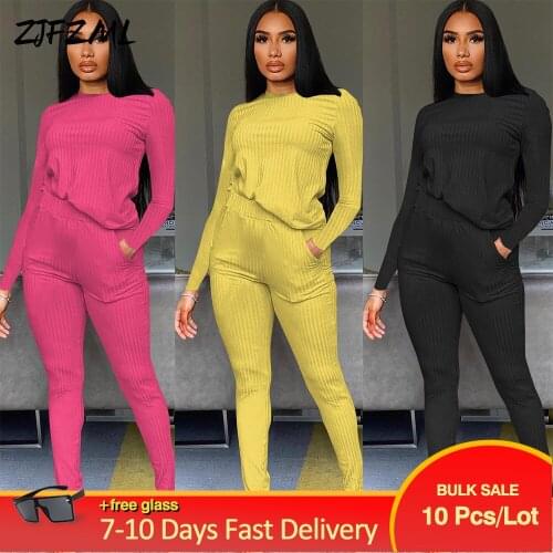 Bulk Items Wholesale Lots 2 Piece Club Outfit Solid Fall Full Sleeve Tops & Bodycon Long Trouser 2021 Trendy Sporty Tracksuit