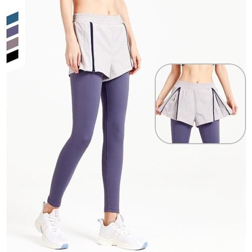 Black Purple Fake Two Pieces Yoga Pants for Women High Wasit Tight Push Up Hip Running Climbing Fitness Skin Friendly Trousers