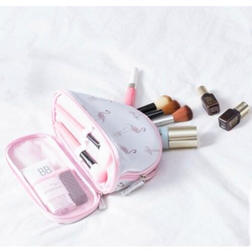 Flamingo Cactus Flower Printing Travel Makup Bag Portable Large-capacity Semi-circular Double-layer Cosmetic Storage Bag Clutch
