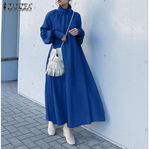 Elegant Women Turtleneck Sundress 2021 ZANZEA Spring Maxi Dress Casual Puff Sleeve Vestidos Female Solid Pleated Robe Plus Size