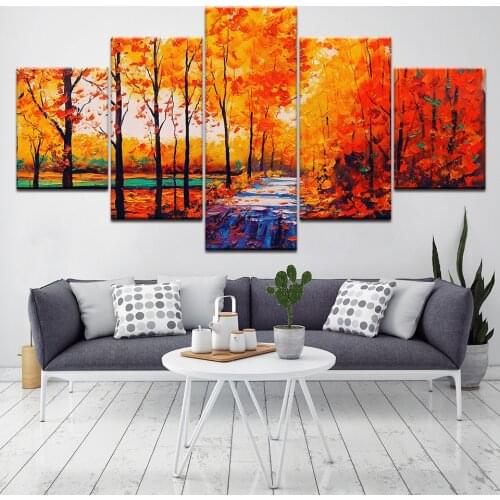 HD Prints Modular Canvas Pictures 5 Pieces Trees Forest Paintings Yellow Deciduous Street View Home Decor Wall Art Poster Framew