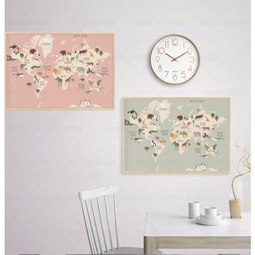 World Animal Map Poster for Nursery Educational Canvas Painting Cartoon Animals Pictures Kids Children Room Wall Art Decor