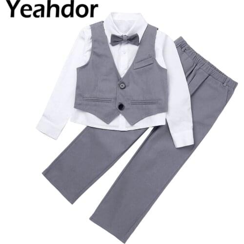 4Pcs Wedding Party Flower Boy Suits Kids Boys Gentleman Clothing Sets Bowknot Shirt Single Breasted Vests Pants Childrens Suit