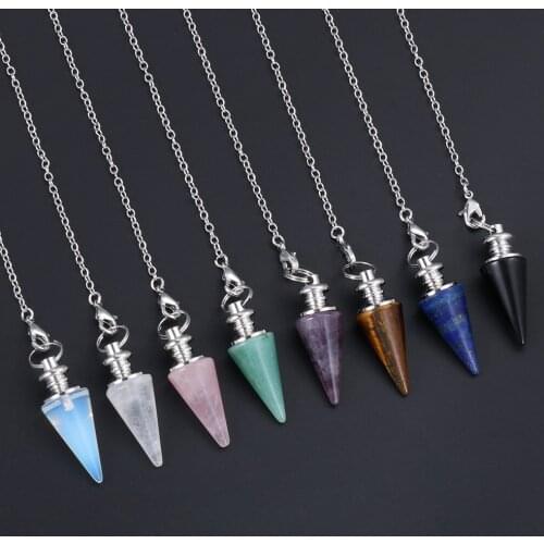 Fashion Conical Pendulum Natural Stone Taper Pendulums Silver Color Chain Crystal Pendants For Dowsing Spiritual Reiki Jewelry