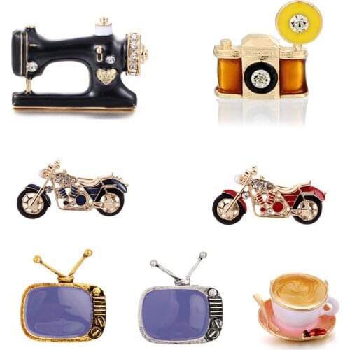 Unique Vintage TV Sewing Machine Coffee Cup Spoon Saucer Motorcycle Camera Brooches for Women/Men Fashion Brooch Pin Jewelry