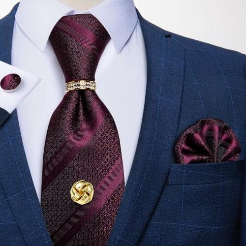Mens Tie 8cm 100% Silk Burgundy Red Striped Necktie Pocket Square Cufflinks Set Business Wedding Formal Necktie For Men DiBanGu