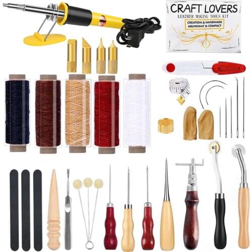 LMDZ 34 Pcs Leather Working Kit, Leather Crafting Tools and Supplies, Leather Starter Kit with Leather Burning Tool