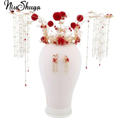 NiuShuya 2020 Chinese Gorgeous Red Velvet Ball Wedding Crown Long Tassel Costume Bridal Headpiece Beaded Hair Jewelry Accessory