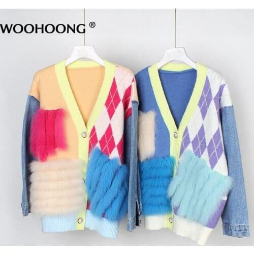 Autumn Winter New Womens Vertical Stripes Fox Fur Coat Knitted Sweater Leather Grass Coat Cardigan Loose Jacket V-neck Lady