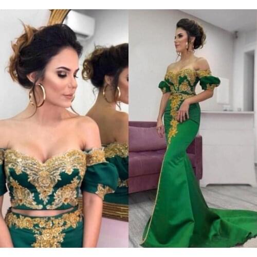 Mermaid prom dresses 2020 satin lace applilques short sleeve green satin court train evening dresses