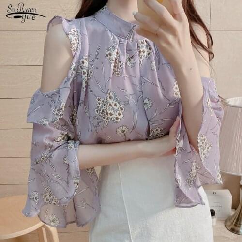 Print Pullover Ladies Tops 2021 Summer Off Shoulder Chiffon Blouse Women Elegant Short Sleeve Floral Plus Size Women Shirts 9929