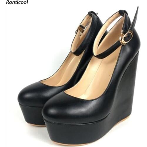 Ronticool Handmade Women Classic Pumps Ankle Strap Style Wedges High Heels Round Toe Black Party Shoes Women US Plus Size 5-20