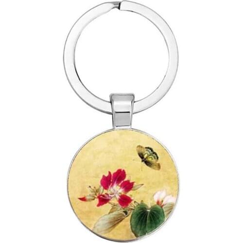 Xinxing Daisy Rose Sakura Simple Style Keychain 1 Glass Round Jewelry Lily Pendant Keychain Gift For Men And Women