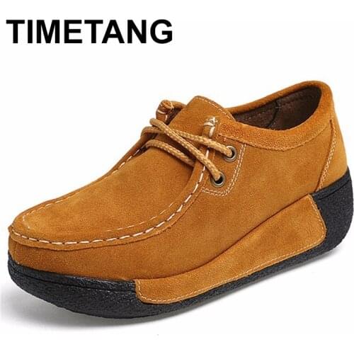 TIMETANG Genuine Suede Leather Womens Platform Flat Shoes 2018 Lace Up Platform Women Moccasins Creepers Woman C236