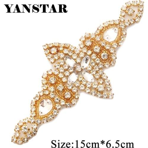 YANSTAR 10PCS Wholesale Rhinestone Appliques Iron On Bridal Sash Rose Gold Ctystal Appliques DIY Wedding Dress Belt YS901