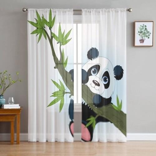 Animal Cute Panda Bamboo Cartoon Window Curtains Living Room Tulle Curtains Kitchen Decor Kids Room Curtain Window Treatment