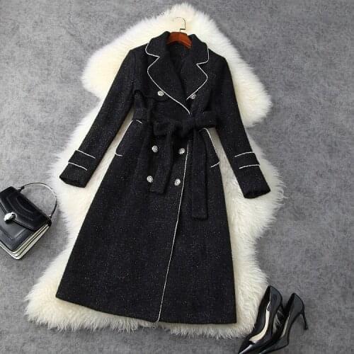 European and American womens wear 2020 winter new style Long sleeves and double breasted lace-up Fashionable black tweed coat