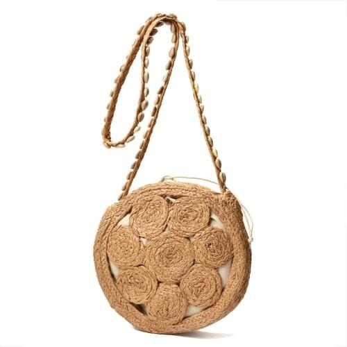 Women Vacation 2020 Handwoven Shoulder Bag Summer shell Beach Totes Boho Circle Bali Round Rattan Straw Crossbody Handbag