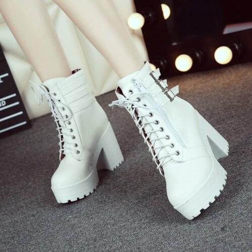 Sianie Tianie Punk Goth Plain White Platform Thick Sole Women Martin Boot Buckle Strap Chunky High Heels Winter Warm Ankle Boots
