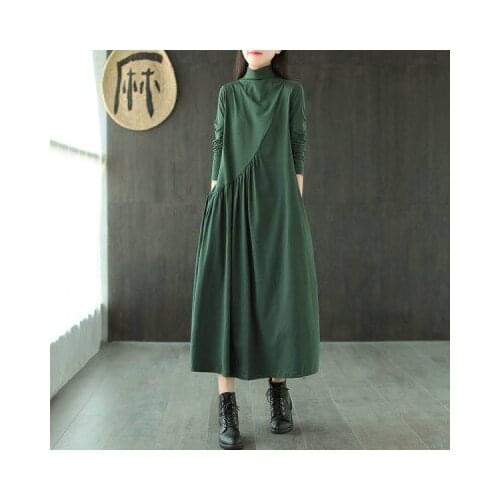 2021 Women Solid Long Dress Elegant High Waist Slim Long Sleeve Female Dress Autumn Half-high Collar Plus Size 4XL Maxi Dresses