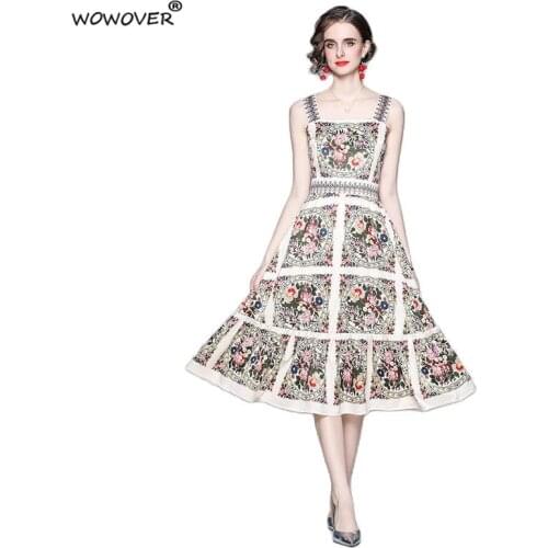Summer Runway Floral Printed Spaghetti Strap Dress for Women Backless Sexy Vintage Midi Vestidos Party Holiday Beach Robe Femme