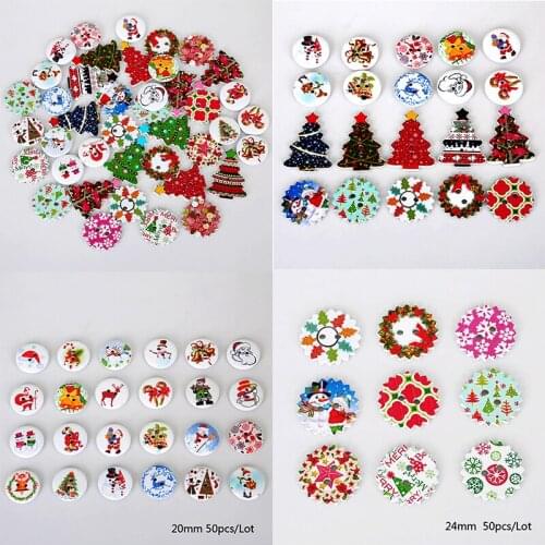 50Pcs Mixed Color Painting Christmas Trees Wooden Buttons Sewing Scrapbooking For Kids Handmade Wood Buttons