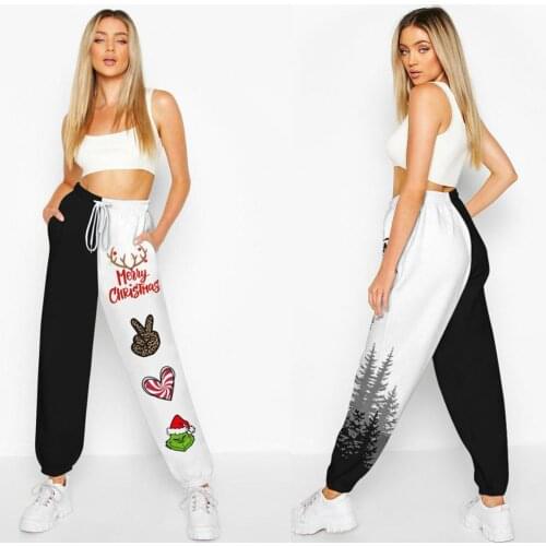 Women High Waist Loose Jogger Pants Color Block Christmas Cartoon Printed Sweatpants Funny Drawstring Harem Trousers