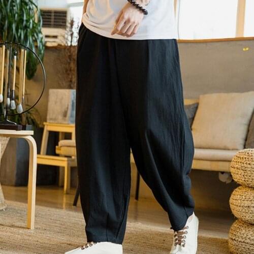 2021 Linen Harem Pants Men Japanese Loose Joggers Trousers Mans Cross-pants Crotch Pants Wide Leg Baggy Pants Men