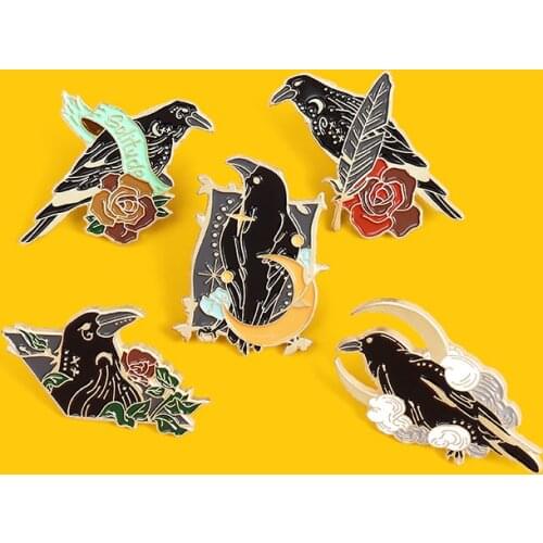 Flower bird Enamel Brooch Grim Reaper Lapel Pin Black crow Fashion Punk Animal Badges Stars Moon cloud Jewelry Gifts for friends